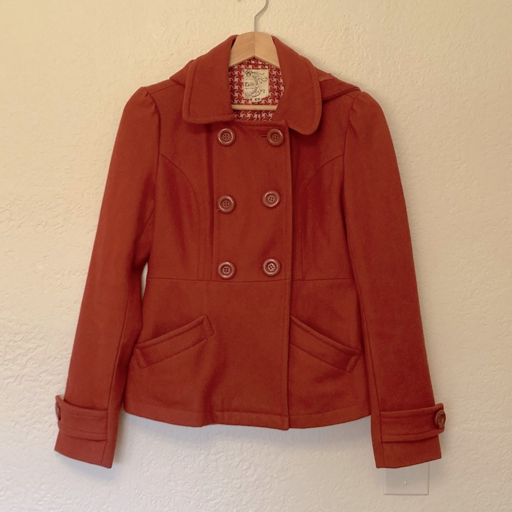 Tulle Anthropologie Red Peacoat Wool Blend with Hood, Size XS